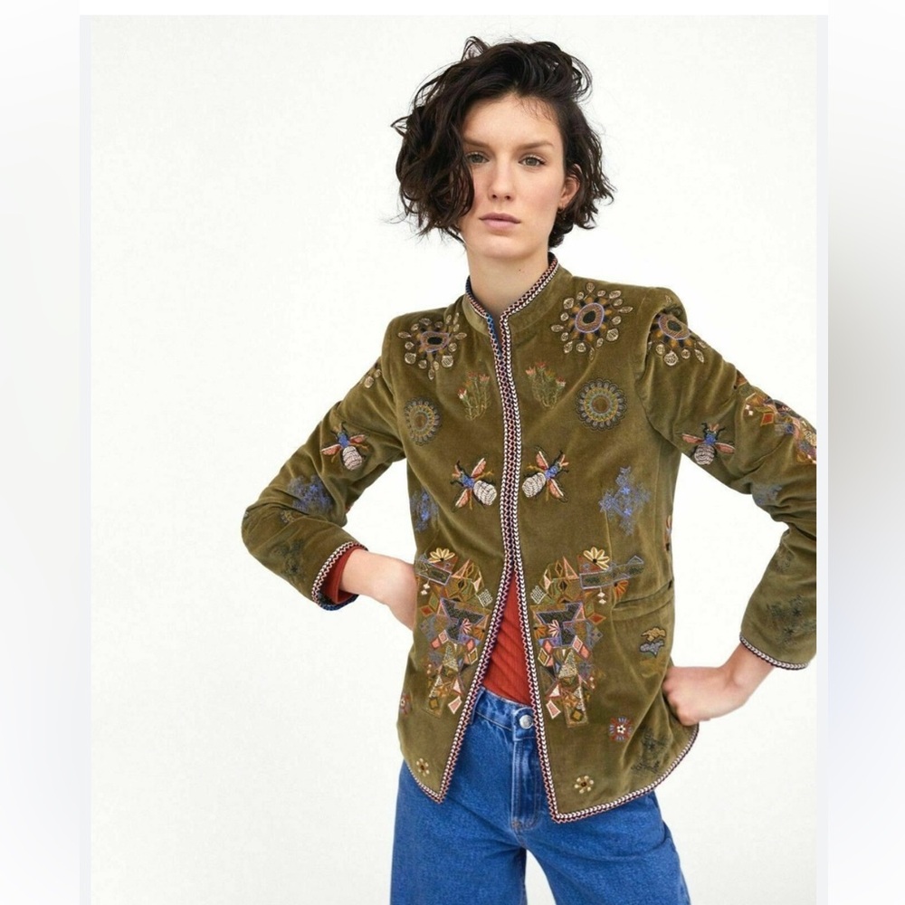 Embroidered Olive Green Velvet Jacket - Women